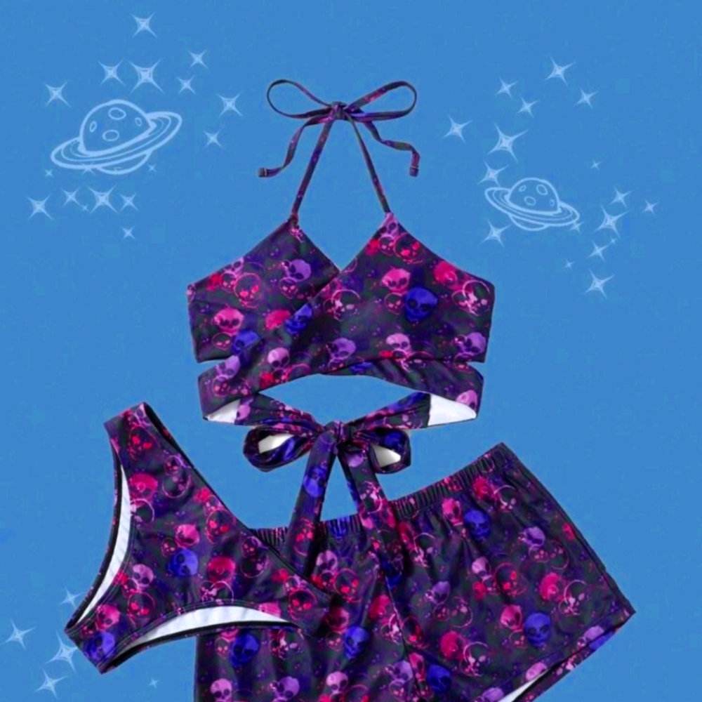 Romwe Skull Print Wrap Bikini *Shorts NOT included*